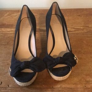 Tory Burch black open toe linen wedges